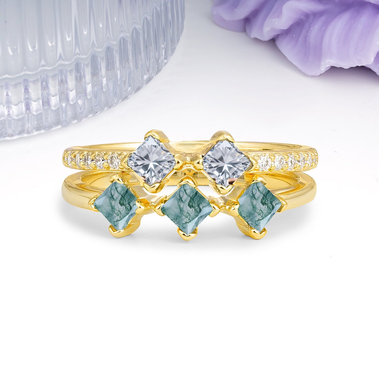 Unique, Minimalist, and Luxurious 4 Prong Princess Cut Moss Agate Bridal ring set - Additional view