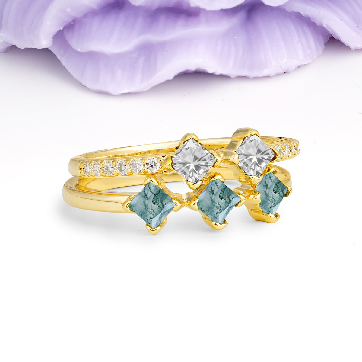 Unique, Minimalist, and Luxurious 4 Prong Princess Cut Moss Agate Bridal ring set - Additional view