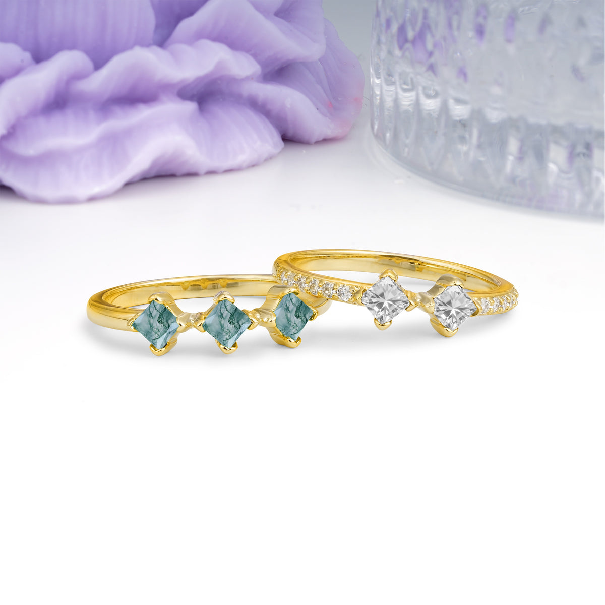 Unique, Minimalist, and Luxurious 4 Prong Princess Cut Moss Agate Bridal ring set - Additional view