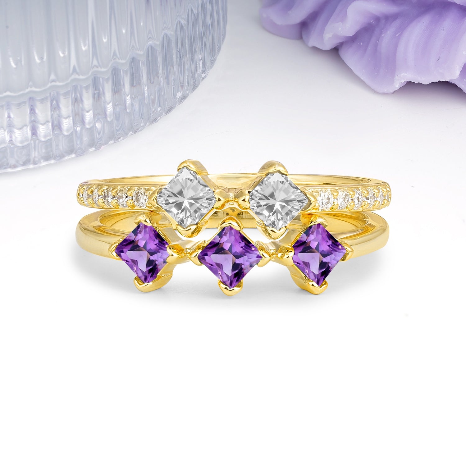 Unique, Minimalist, and Luxurious 4 Prong Princess Cut Amethyst Bridal ring set - Additional view