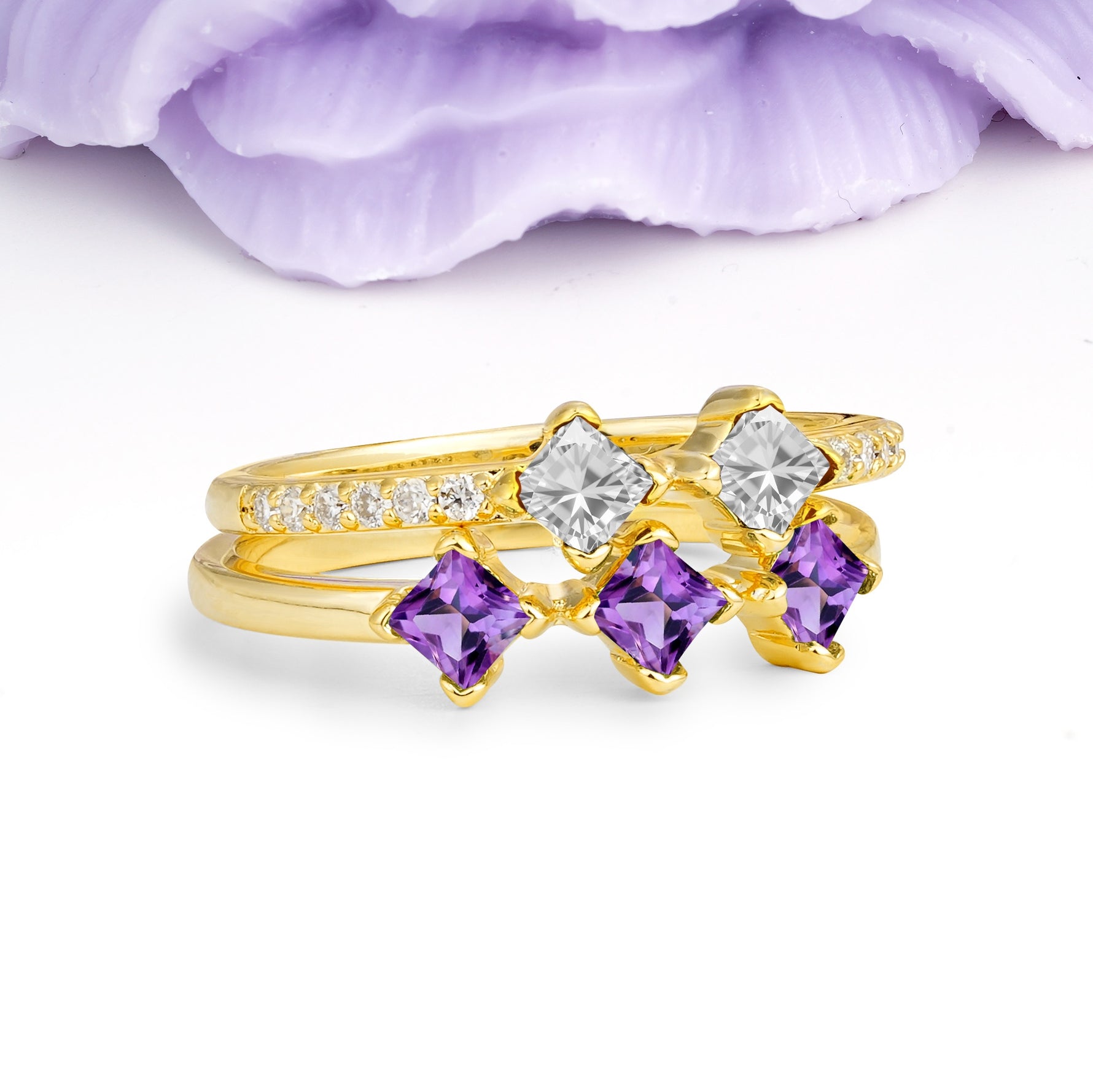 Unique, Minimalist, and Luxurious 4 Prong Princess Cut Amethyst Bridal ring set - Additional view