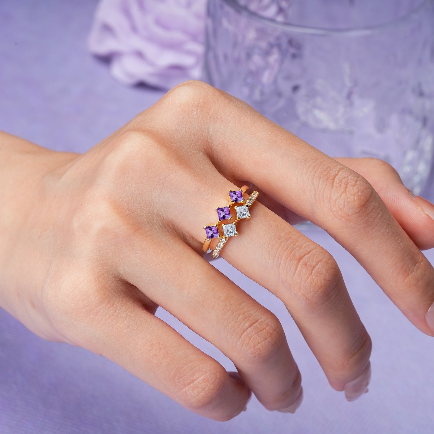 Unique, Minimalist, and Luxurious 4 Prong Princess Cut Amethyst Bridal ring set - Additional view