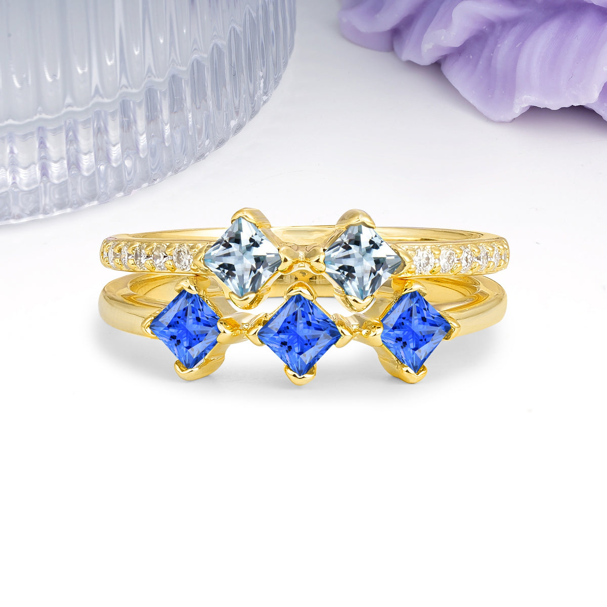 Unique, Minimalist, and Luxurious 4 Prong Princess Cut Aquamarine Bridal ring set - Additional view
