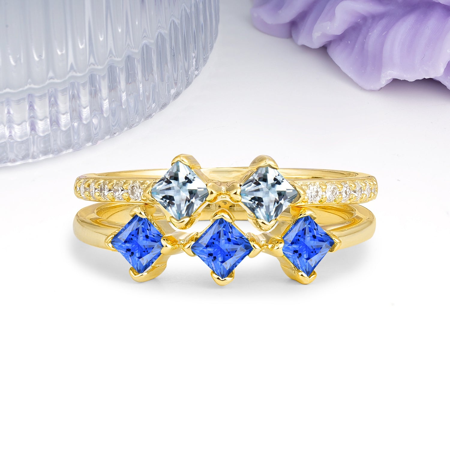 Unique, Minimalist, and Luxurious 4 Prong Princess Cut Aquamarine Bridal ring set - Additional view