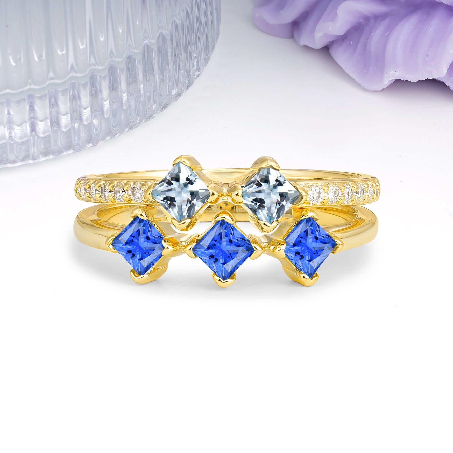 Unique, Minimalist, and Luxurious 4 Prong Princess Cut Aquamarine Bridal ring set - Additional view