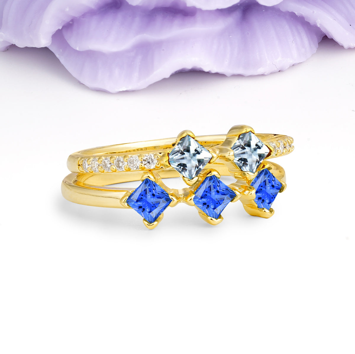 Unique, Minimalist, and Luxurious 4 Prong Princess Cut Aquamarine Bridal ring set - Additional view