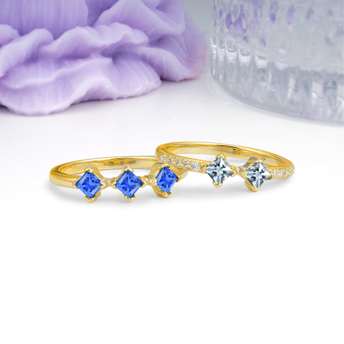 Unique, Minimalist, and Luxurious 4 Prong Princess Cut Aquamarine Bridal ring set - Additional view