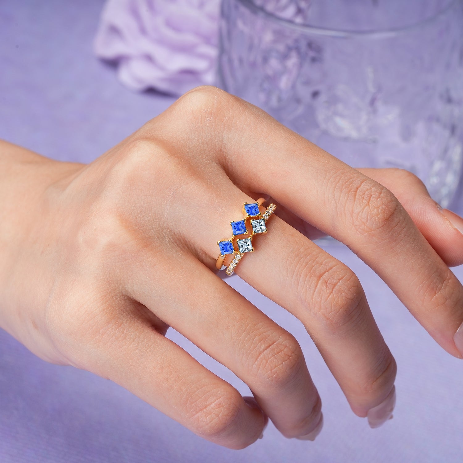 Unique, Minimalist, and Luxurious 4 Prong Princess Cut Aquamarine Bridal ring set - Additional view