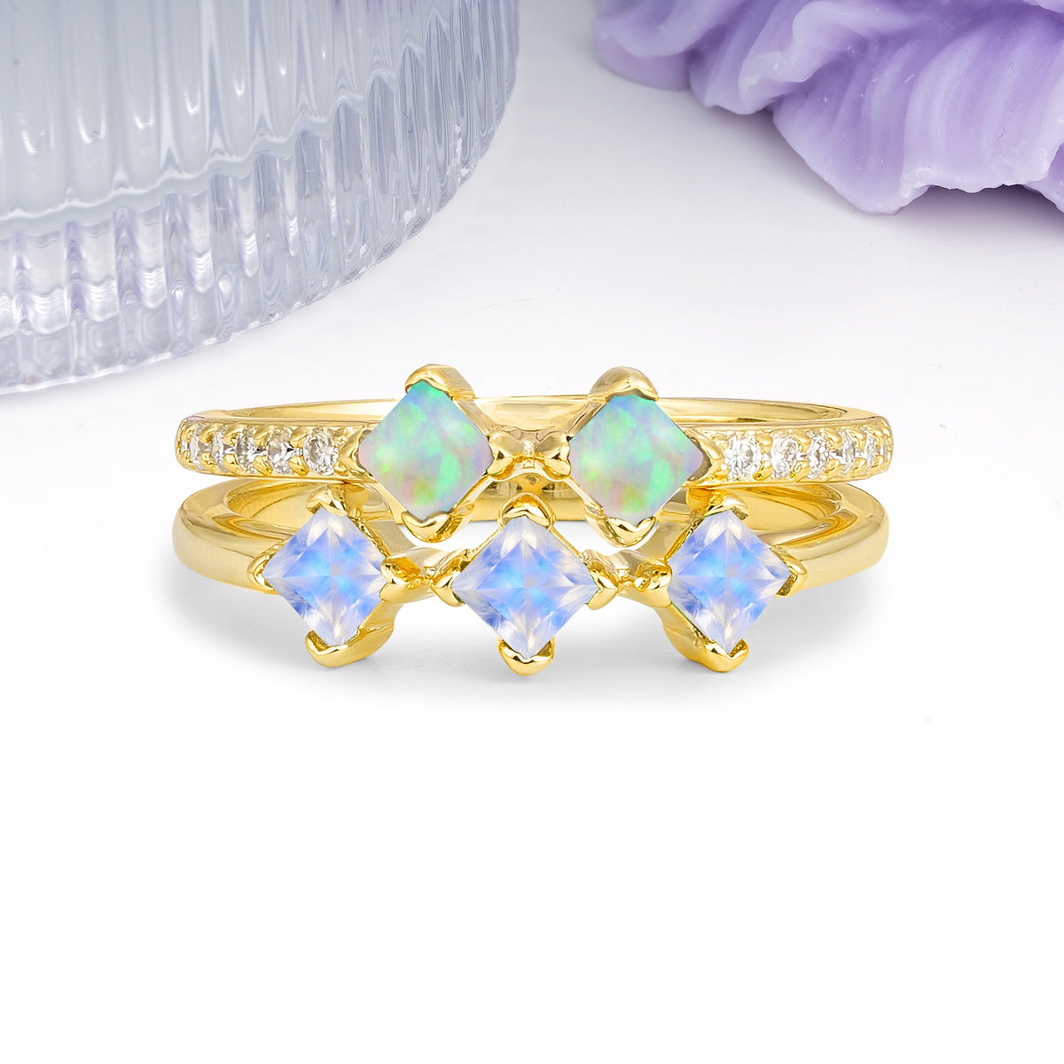 Unique, Minimalist, and Luxurious 4 Prong Princess Cut Moonstone Bridal ring set - Additional view