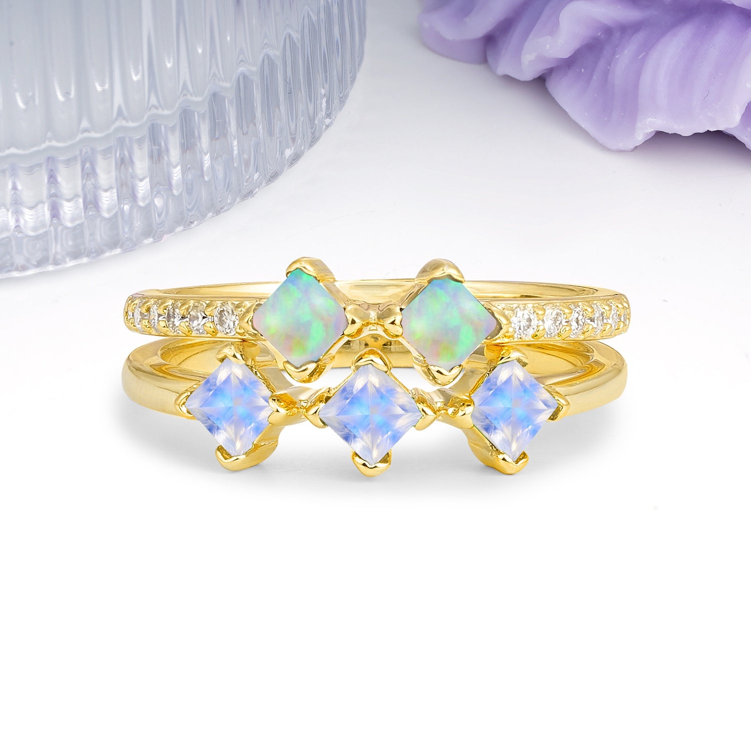 Unique, Minimalist, and Luxurious 4 Prong Princess Cut Moonstone Bridal ring set - Additional view