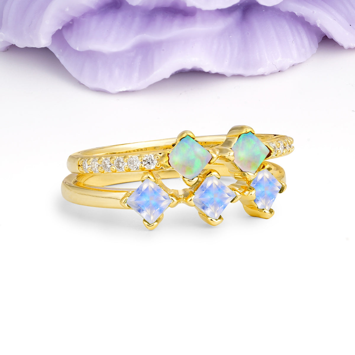 Unique, Minimalist, and Luxurious 4 Prong Princess Cut Moonstone Bridal ring set - Additional view