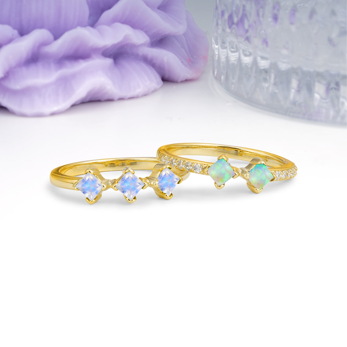 Unique, Minimalist, and Luxurious 4 Prong Princess Cut Moonstone Bridal ring set - Additional view