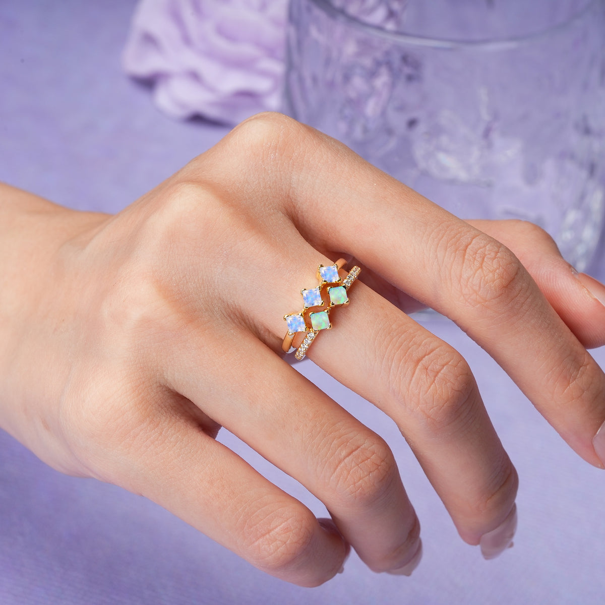 Unique, Minimalist, and Luxurious 4 Prong Princess Cut Moonstone Bridal ring set - Additional view