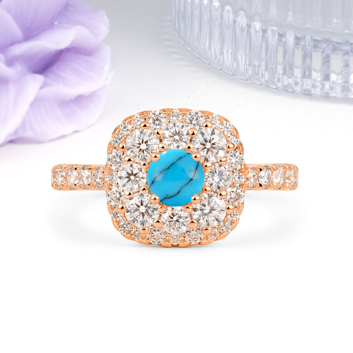 Luxurious and Unique 4 Prong Round Cut Turquoise Engagement Ring - Additional view