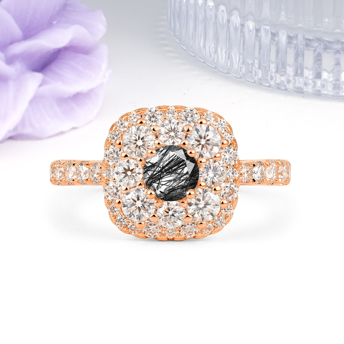 Luxurious and Unique 4 Prong Round Cut Black Rutilated Quartz Engagement Ring - Additional view