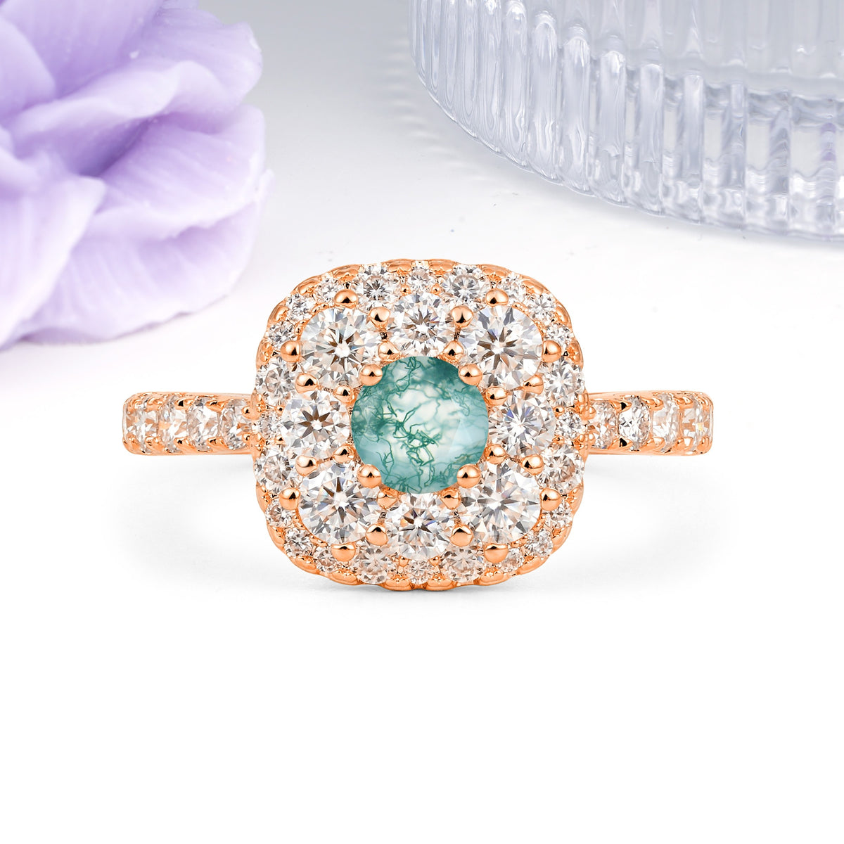 Luxurious and Unique 4 Prong Round Cut Moss Agate Engagement Ring - Additional view