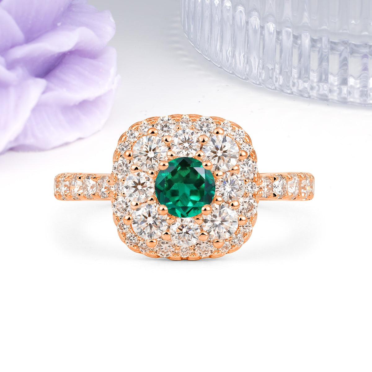 Luxurious and Unique 4 Prong Round Cut Emerald Engagement Ring - Additional view
