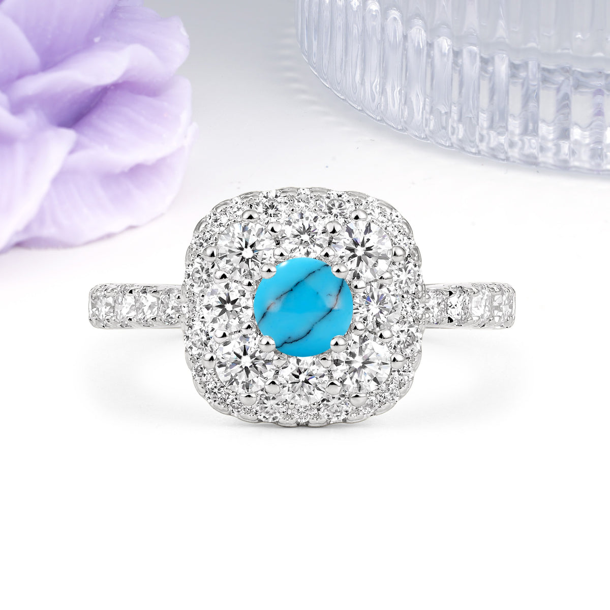 Luxurious and Unique 4 Prong Round Cut Turquoise Engagement Ring - Additional view