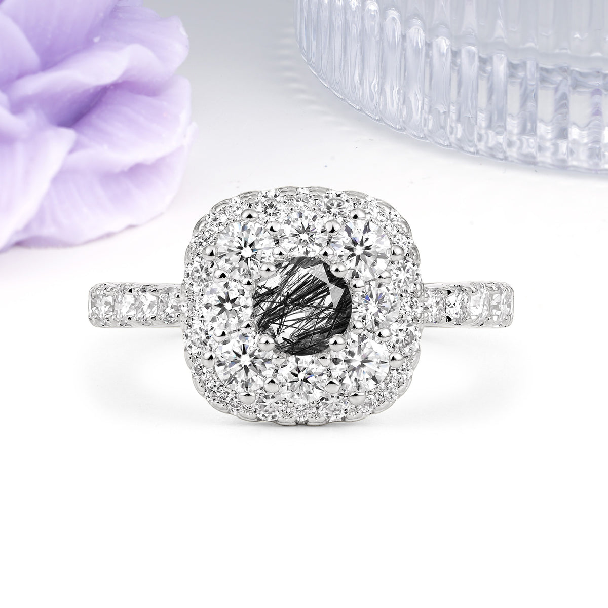 Luxurious and Unique 4 Prong Round Cut Black Rutilated Quartz Engagement Ring - Additional view