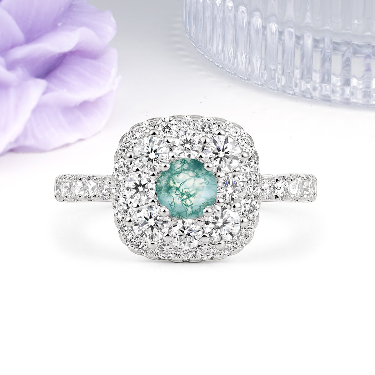 Luxurious and Unique 4 Prong Round Cut Moss Agate Engagement Ring - Additional view