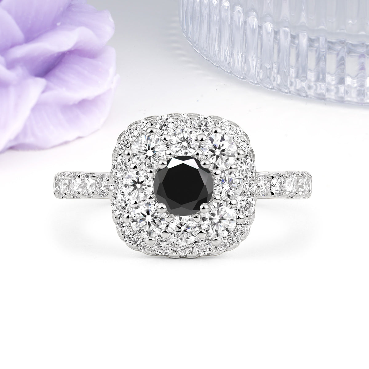 Luxurious and Unique 4 Prong Round Cut Black Onyx Engagement Ring - Additional view