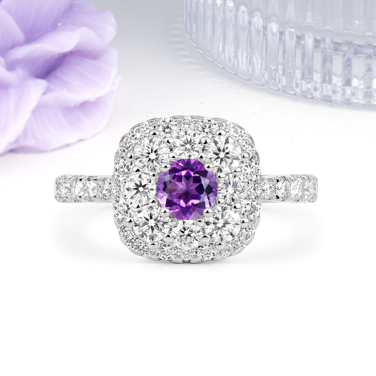 Luxurious and Unique 4 Prong Round Cut Amethyst Engagement Ring - Additional view