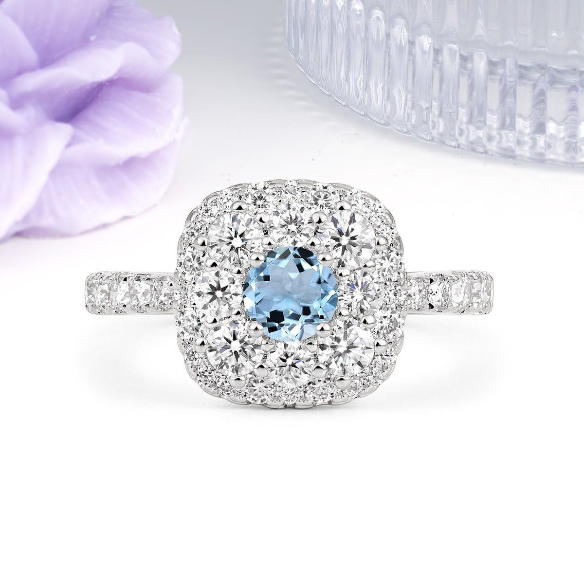 Luxurious and Unique 4 Prong Round Cut Aquamarine Engagement Ring - Additional view