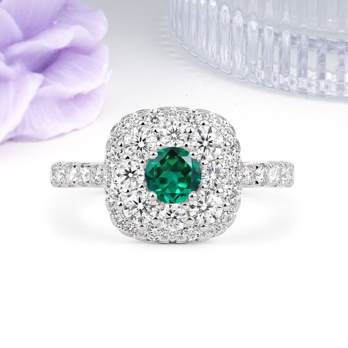 Luxurious and Unique 4 Prong Round Cut Emerald Engagement Ring - Additional view