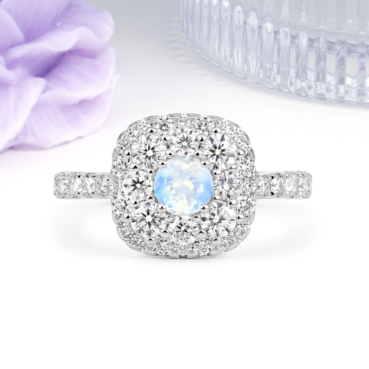 Luxurious and Unique 4 Prong Round Cut Moonstone Engagement Ring - Additional view