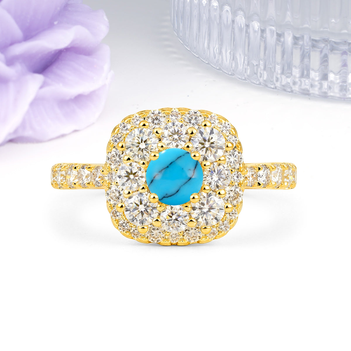 Luxurious and Unique 4 Prong Round Cut Turquoise Engagement Ring - Additional view