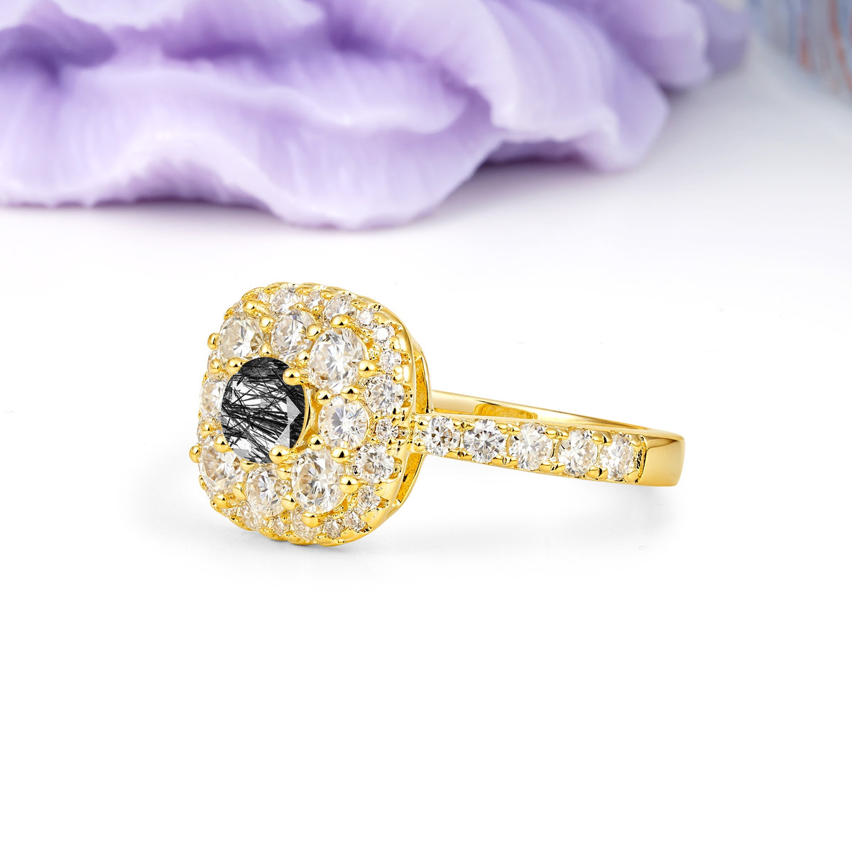 Luxurious and Unique 4 Prong Round Cut Black Rutilated Quartz Engagement Ring - Additional view