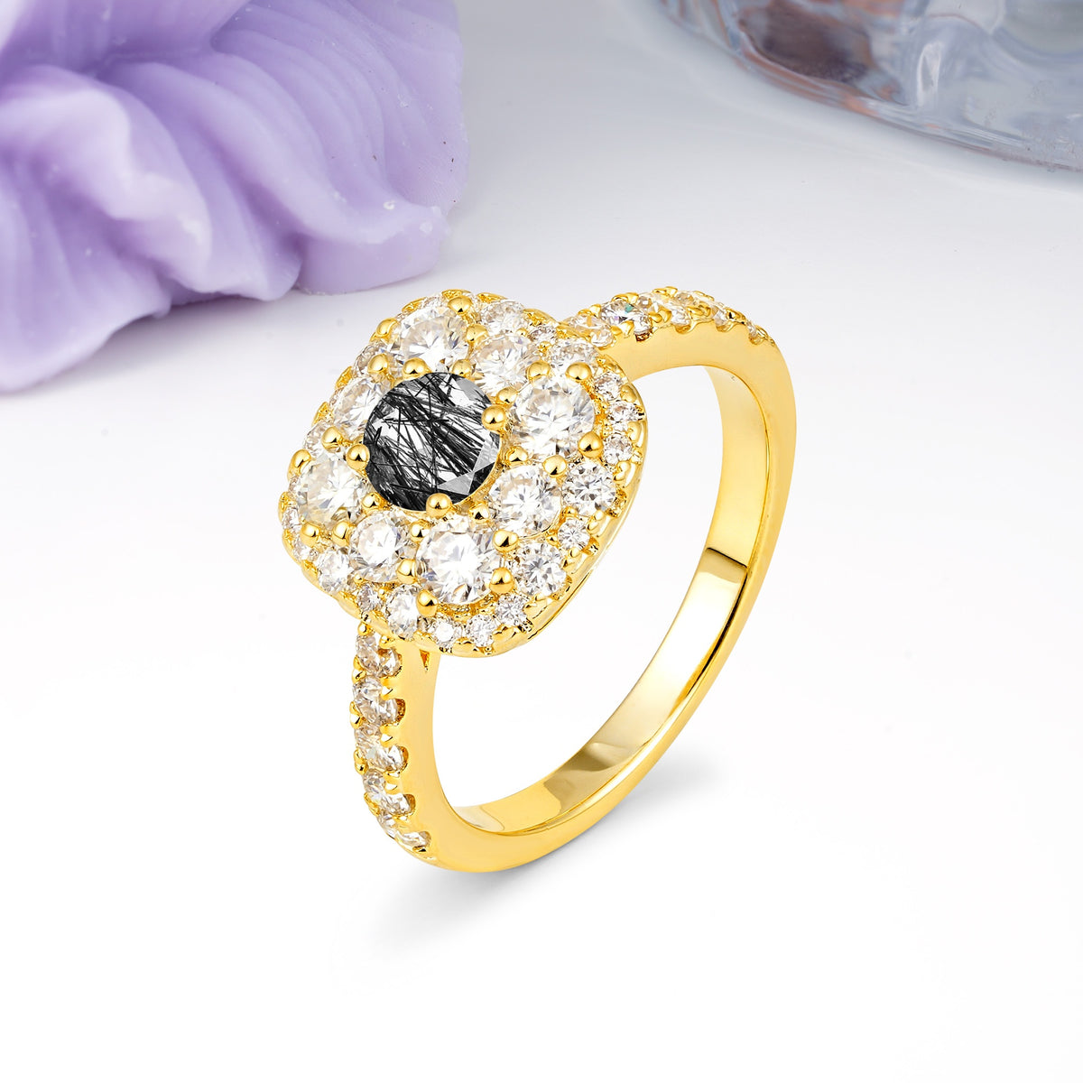 Luxurious and Unique 4 Prong Round Cut Black Rutilated Quartz Engagement Ring - Additional view