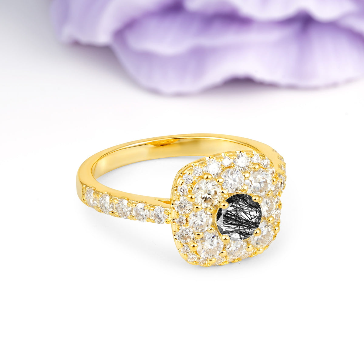 Luxurious and Unique 4 Prong Round Cut Black Rutilated Quartz Engagement Ring - Additional view