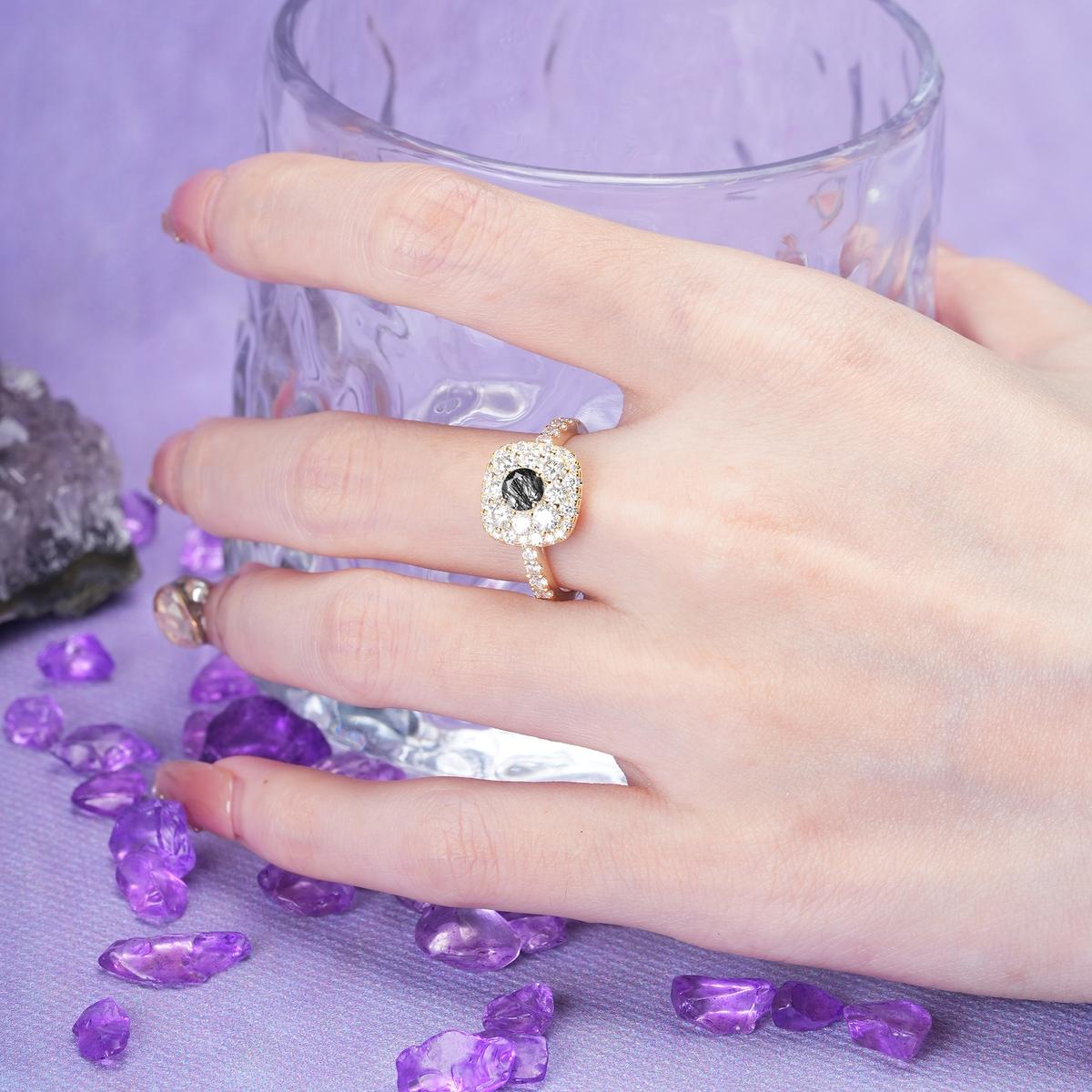Luxurious and Unique 4 Prong Round Cut Black Rutilated Quartz Engagement Ring