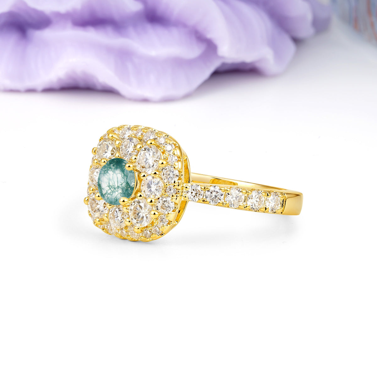 Luxurious and Unique 4 Prong Round Cut Moss Agate Engagement Ring - Additional view