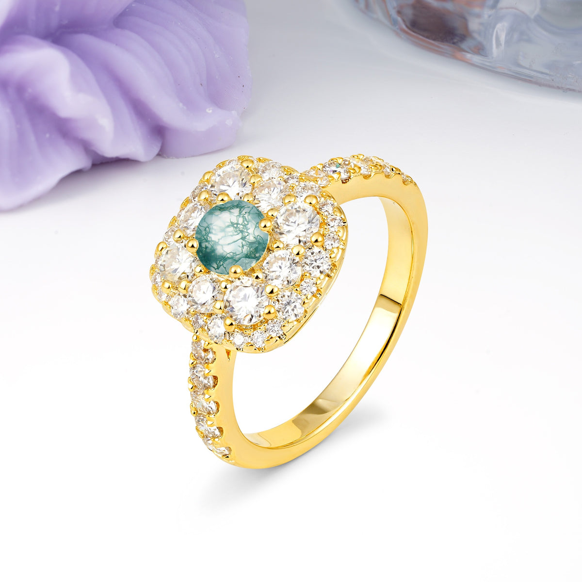Luxurious and Unique 4 Prong Round Cut Moss Agate Engagement Ring - Additional view