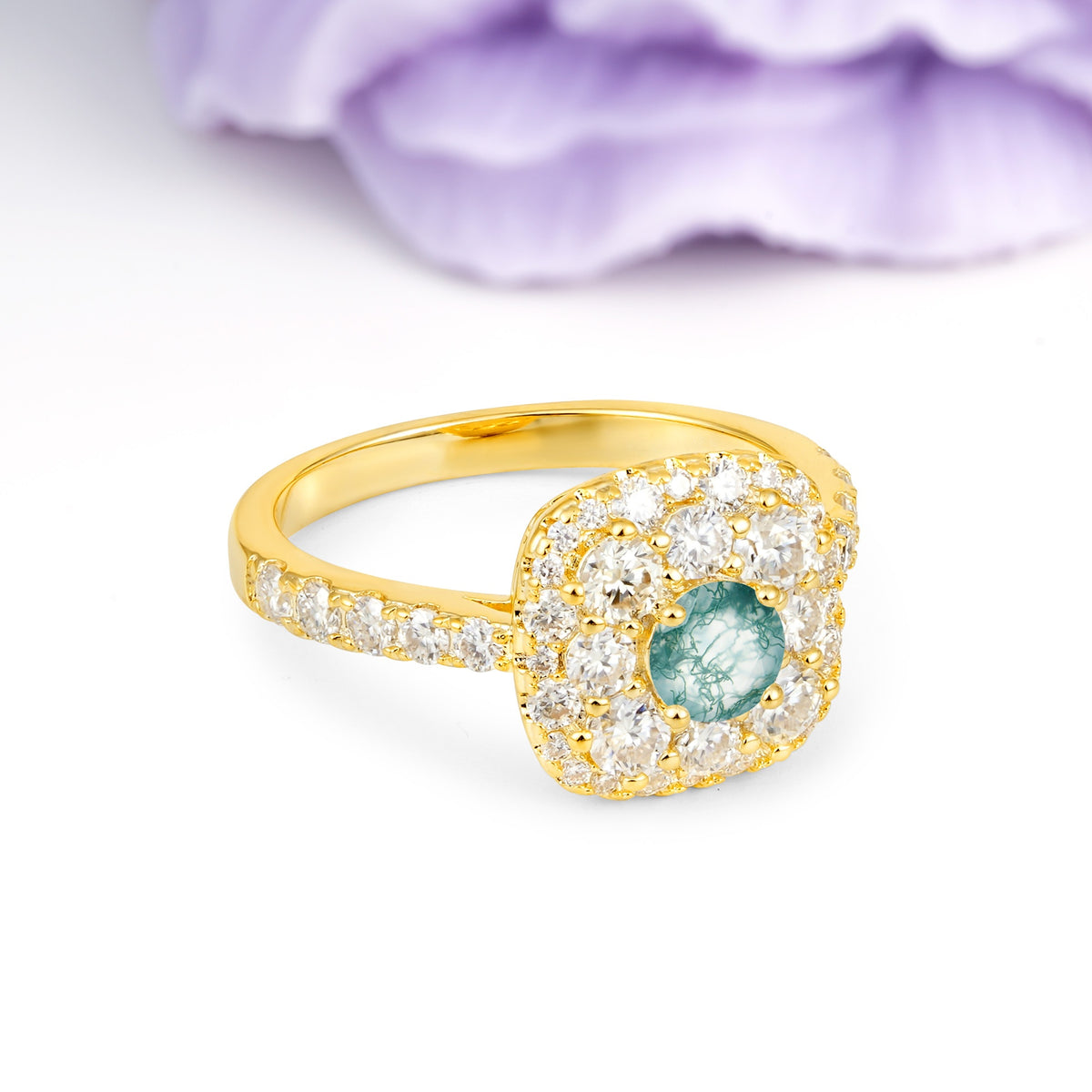 Luxurious and Unique 4 Prong Round Cut Moss Agate Engagement Ring - Additional view