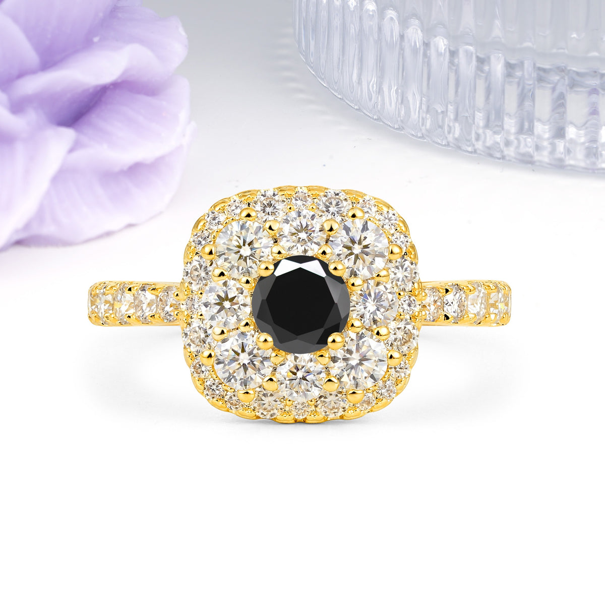 Luxurious and Unique 4 Prong Round Cut Black Onyx Engagement Ring - Additional view