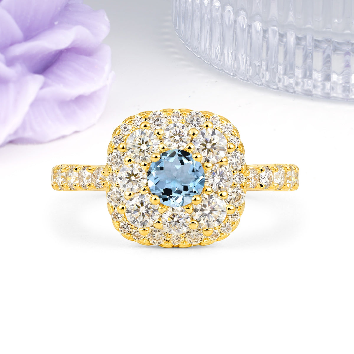 Luxurious and Unique 4 Prong Round Cut Aquamarine Engagement Ring - Additional view