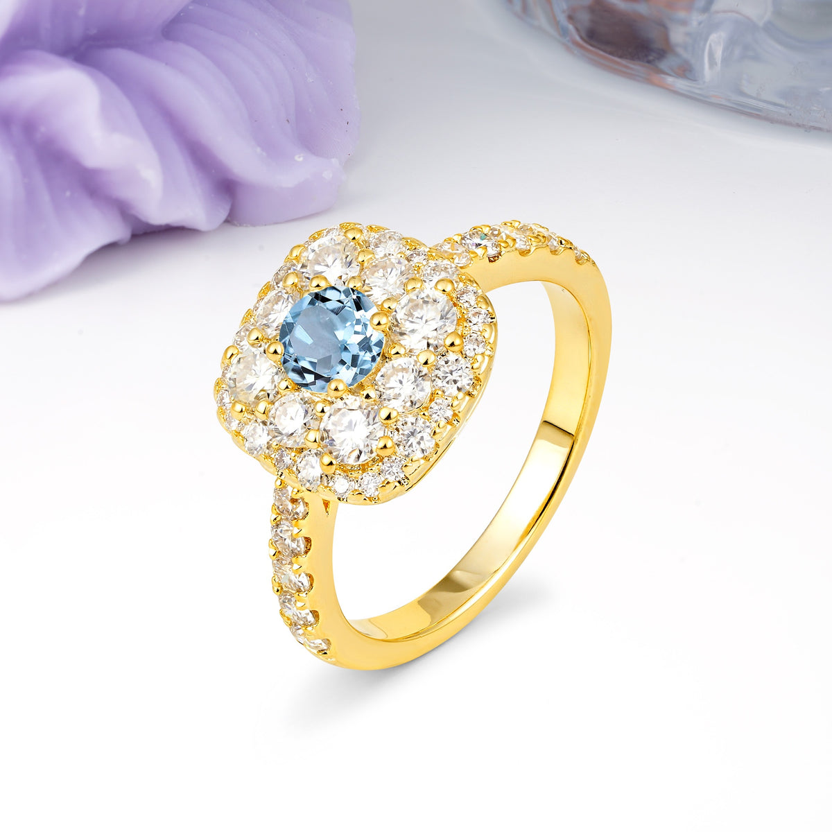 Luxurious and Unique 4 Prong Round Cut Aquamarine Engagement Ring - Additional view