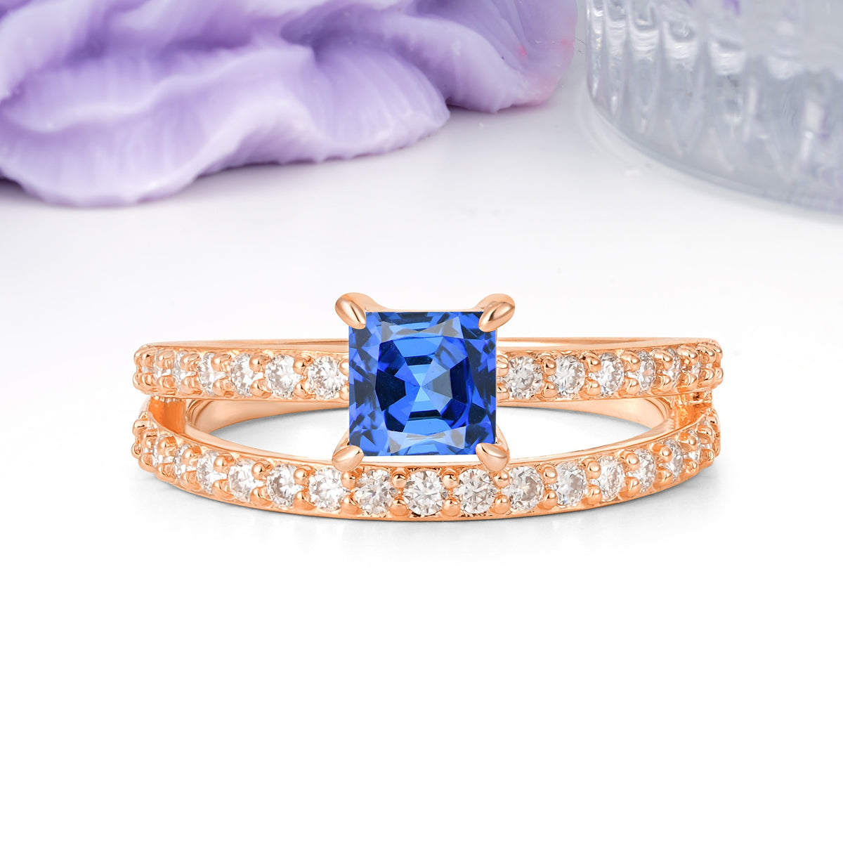 Luxurious Double-Row Diamond, Unique 4-Prong Princess Cut Sapphire Engagement Ring - Additional view