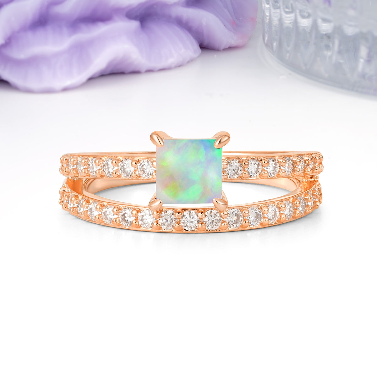 Luxurious Double-Row Diamond, Unique 4-Prong Princess Cut Fire Opal Engagement Ring - Additional view