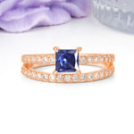 Luxurious Double-Row Diamond, Unique 4-Prong Princess Cut Tanzanite Engagement Ring - Additional view