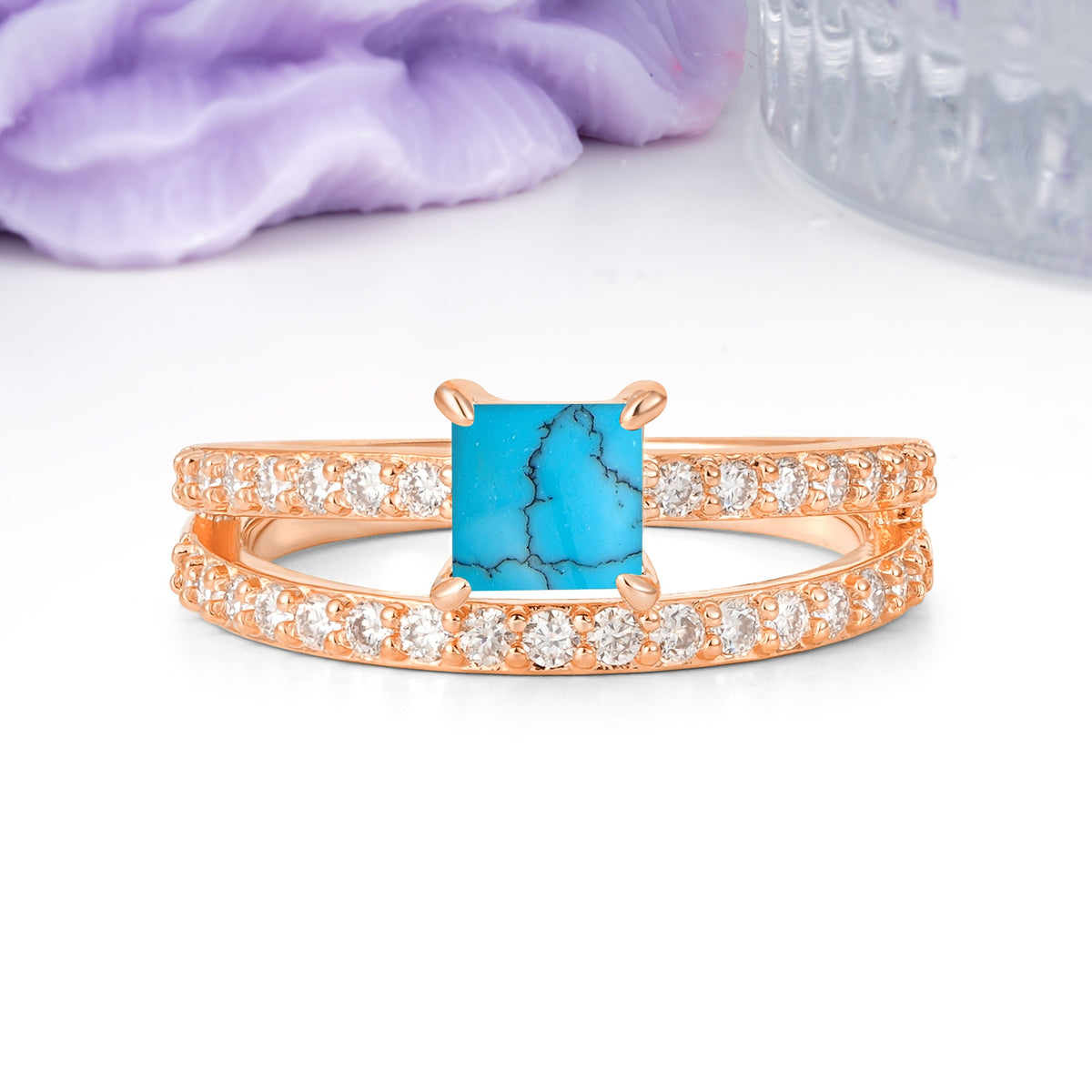 Luxurious Double-Row Diamond, Unique 4-Prong Princess Cut Turquoise Engagement Ring - Additional view