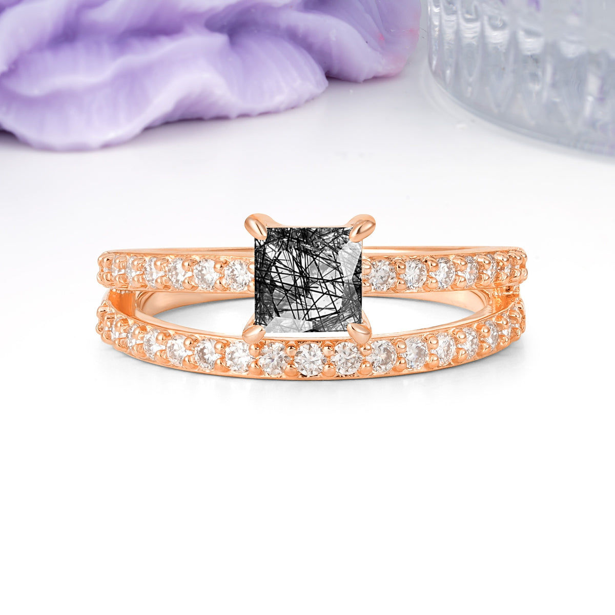 Luxurious Double-Row Diamond, Unique 4-Prong Princess Cut Black Rutilated Quartz Engagement Ring - Additional view