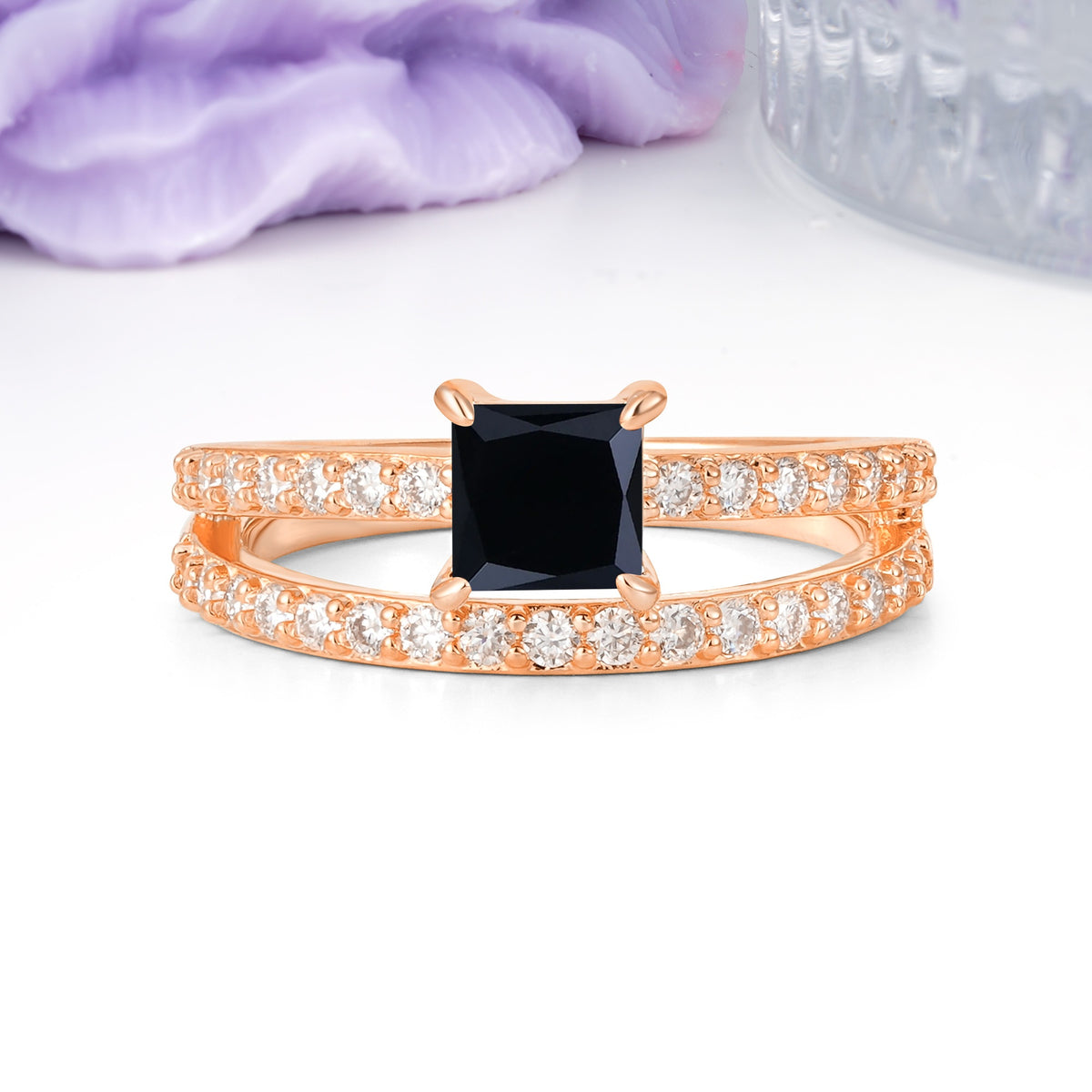 Luxurious Double-Row Diamond, Unique 4-Prong Princess Cut Black Onyx Engagement Ring - Additional view