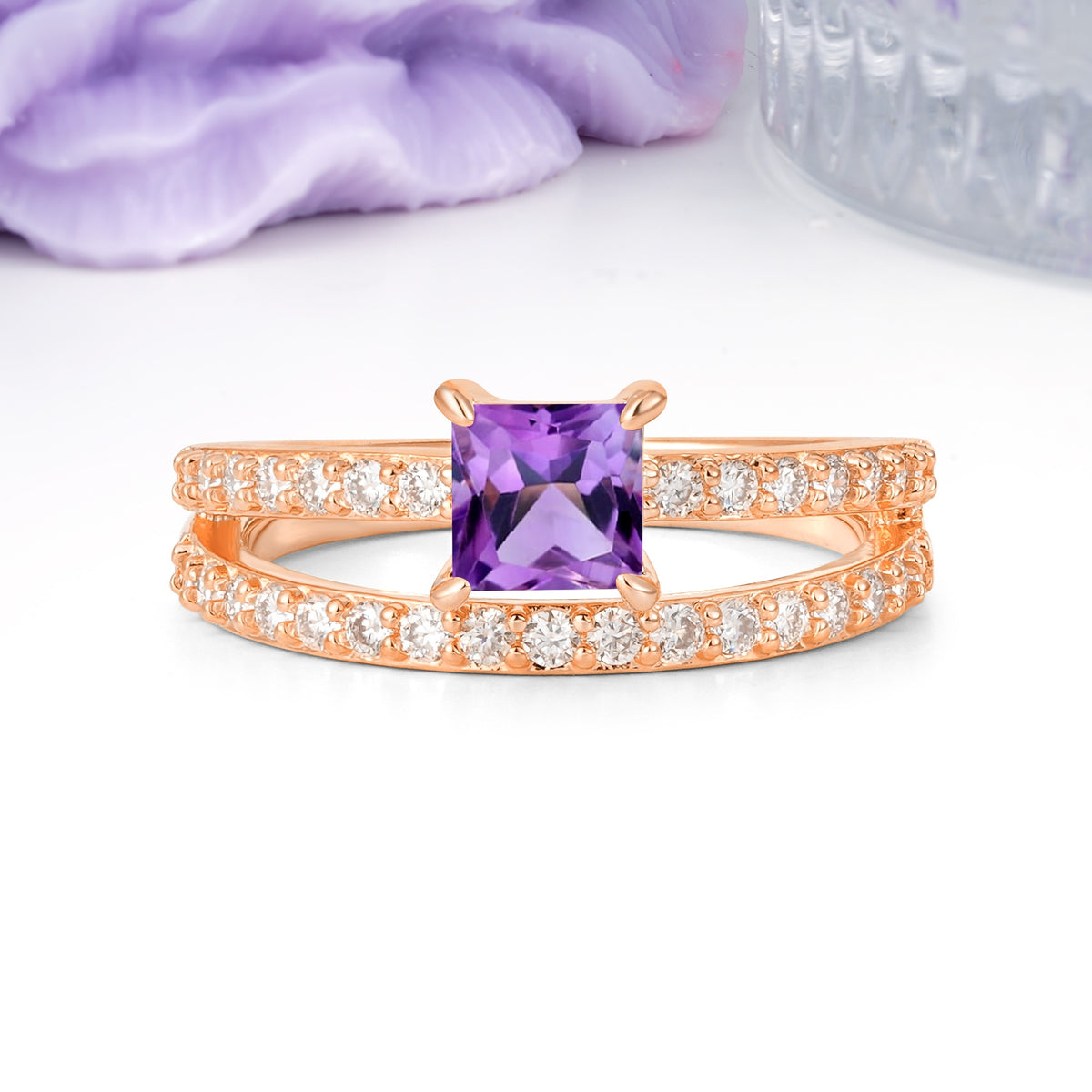 Luxurious Double-Row Diamond, Unique 4-Prong Princess Cut Amethyst Engagement Ring - Additional view
