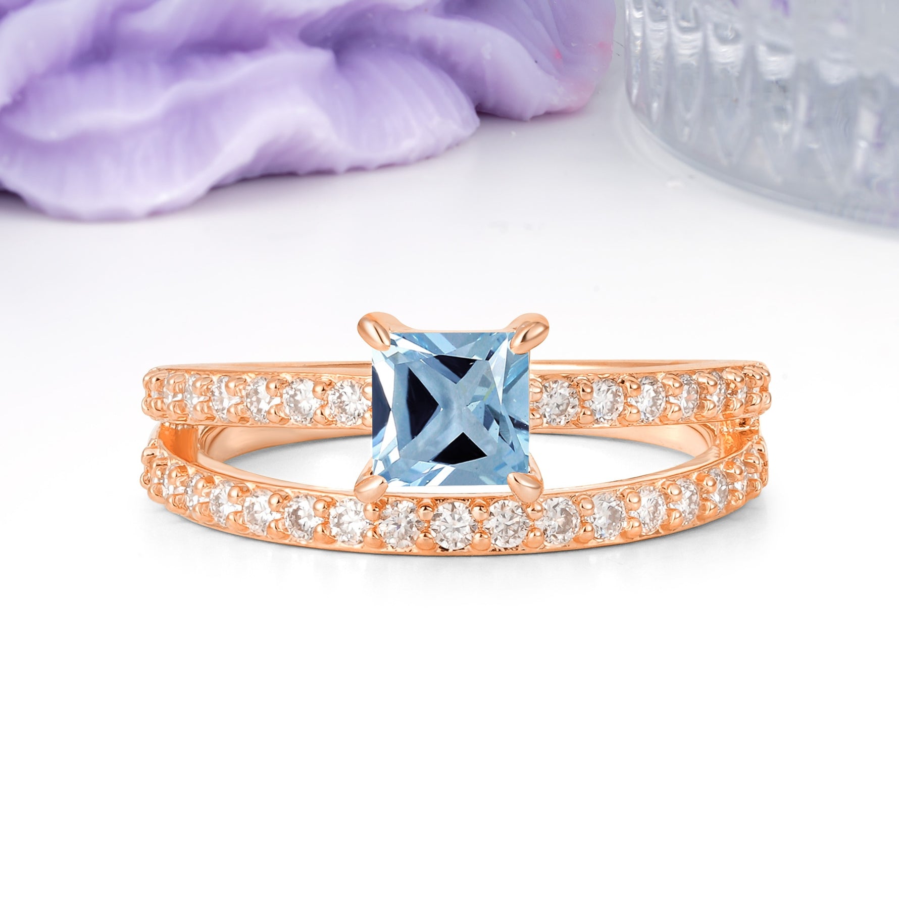 Luxurious Double-Row Diamond, Unique 4-Prong Princess Cut Aquamarine Engagement Ring - Additional view