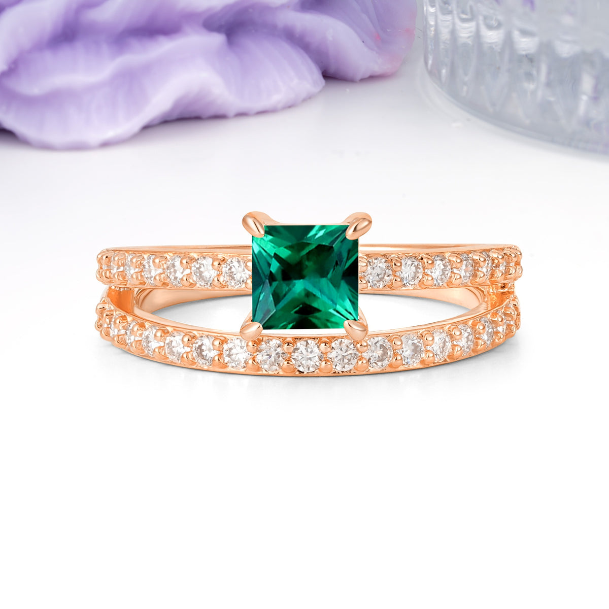 Luxurious Double-Row Diamond, Unique 4-Prong Princess Cut Emerald Engagement Ring - Additional view