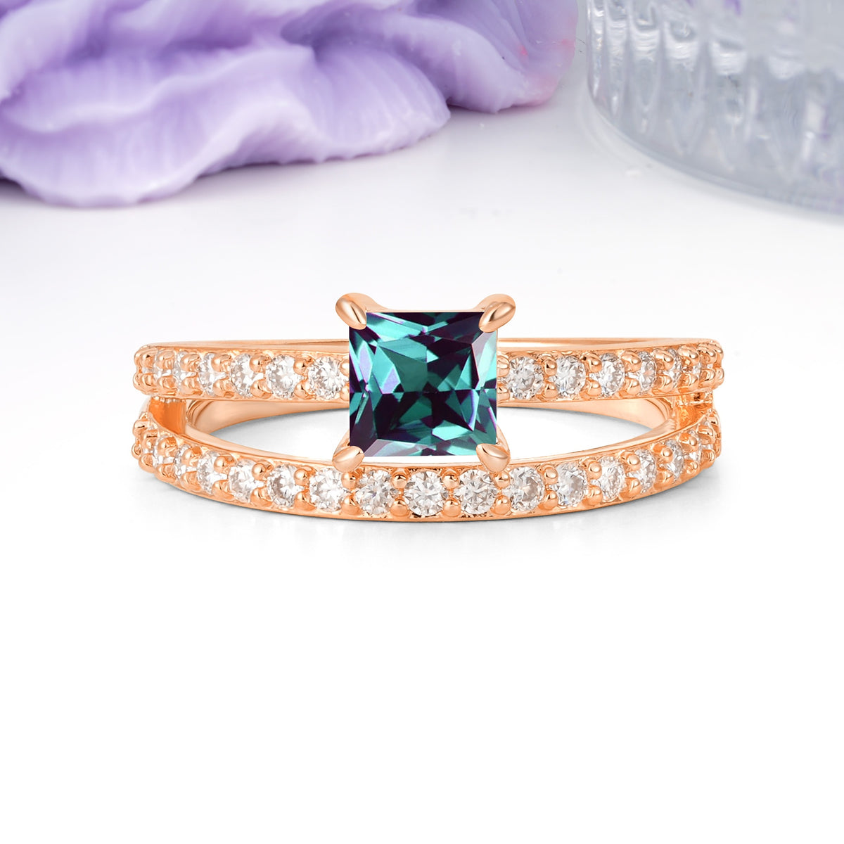 Luxurious Double-Row Diamond, Unique 4-Prong Princess Cut Alexandrite Engagement Ring - Additional view